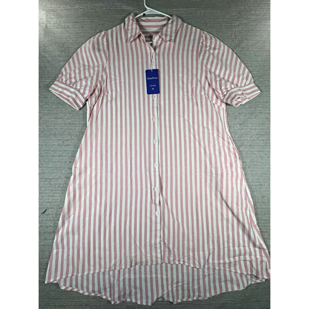 ChouYatou Women's Striped Collared Button Front Shirt Dress Pockets XL